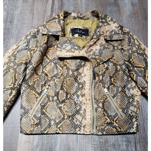 LA Coalition Jacket Womens Small Snakeskin Print Faux Leather Cropped Moto Zip - Picture 3 of 8